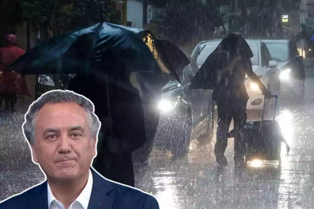 Imagen de fondo de personas y coches en una carretera bajo la lluvia junto a otra imagen de Roberto Brasero en primer plano