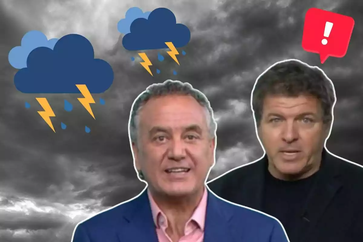 Dos hombres aparecen en primer plano con un fondo de nubes oscuras y símbolos de tormenta y un signo de exclamación. Dos hombres aparecen en primer plano con un fondo de nubes oscuras y símbolos de tormenta y un signo de exclamación.