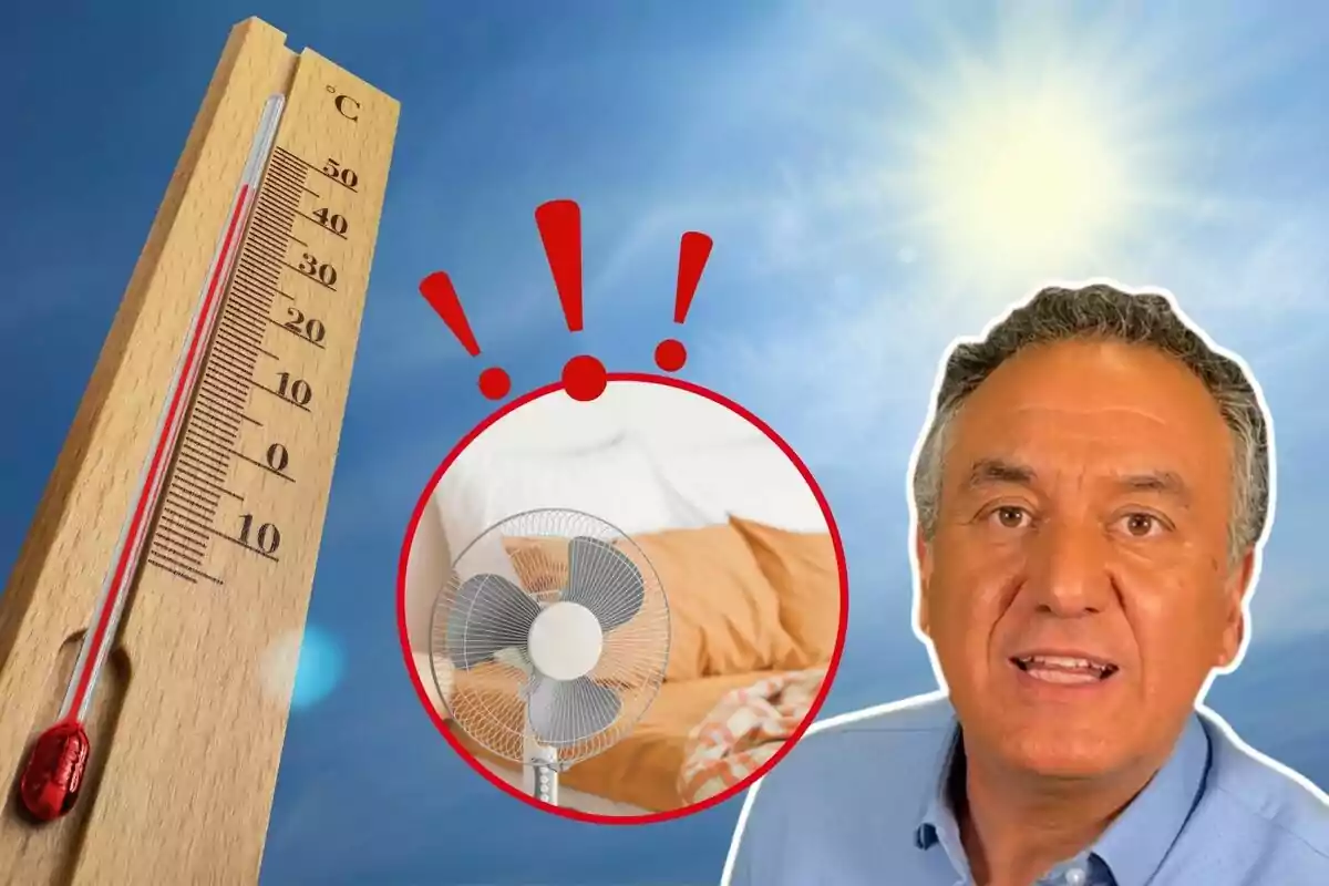 Imagen que muestra un termómetro marcando altas temperaturas, un ventilador y una persona hablando, con el sol brillando en el fondo. Imagen que muestra un termómetro marcando altas temperaturas, un ventilador y una persona hablando, con el sol brillando en el fondo.