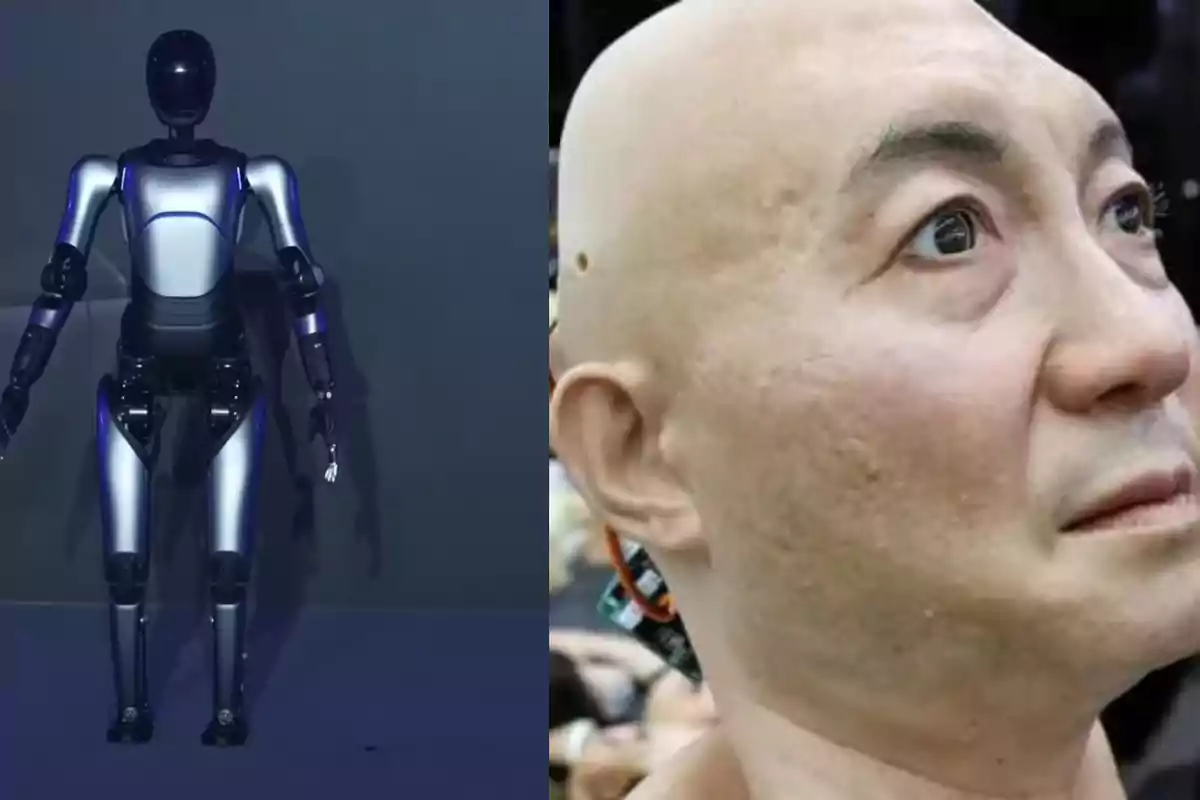 Un robot humanoide de cuerpo completo a la izquierda y un primer plano de la cabeza de un robot con apariencia humana a la derecha.