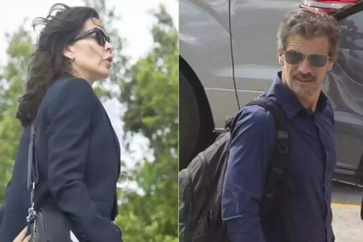 Dos personas con gafas de sol, una mujer con chaqueta oscura y un hombre con camisa azul y mochila, están al aire libre.