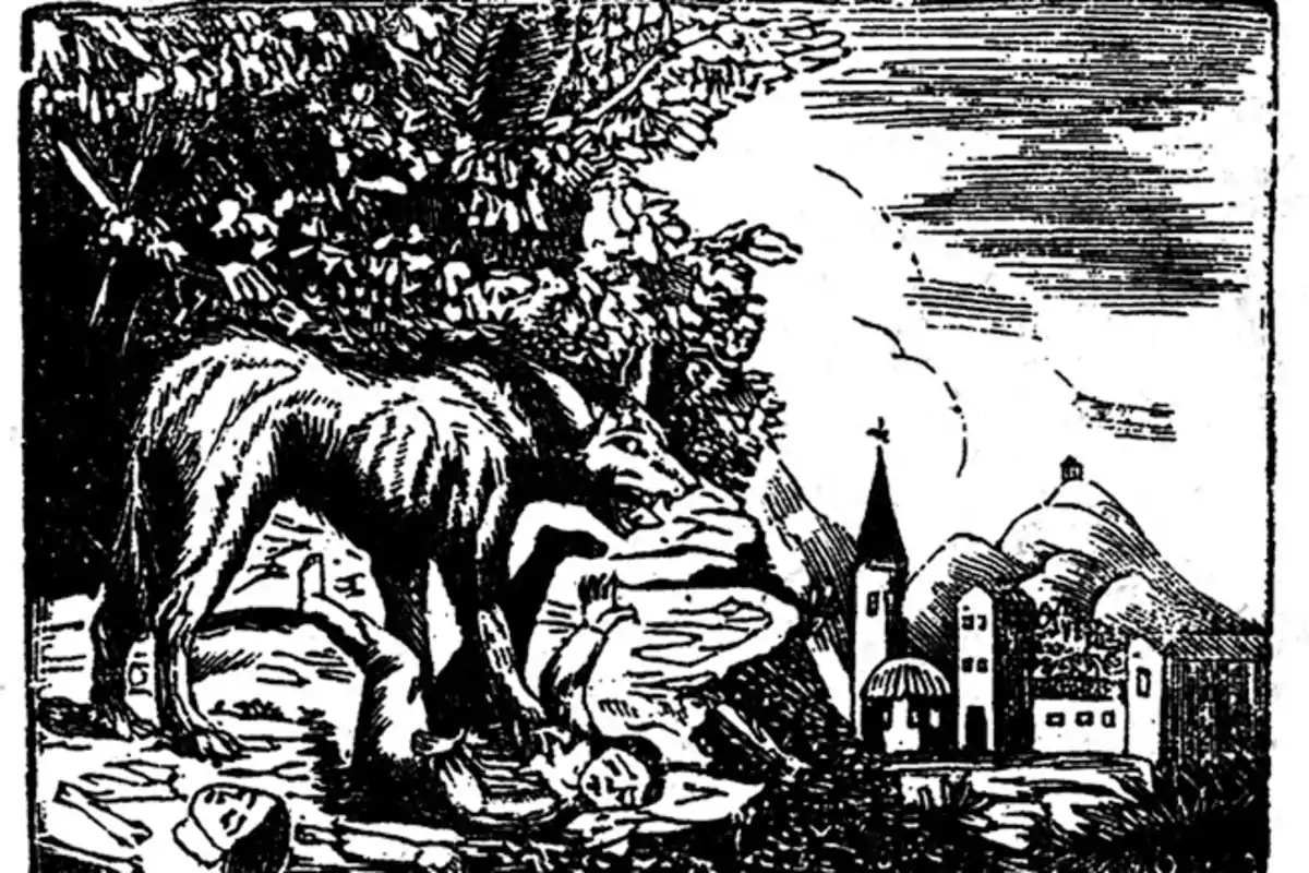 Ilustración en blanco y negro de un lobo en un bosque con un pueblo al fondo.