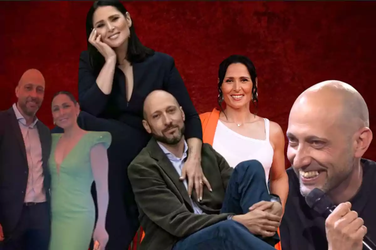 Un collage de varias personas posando y sonriendo frente a un fondo rojo.