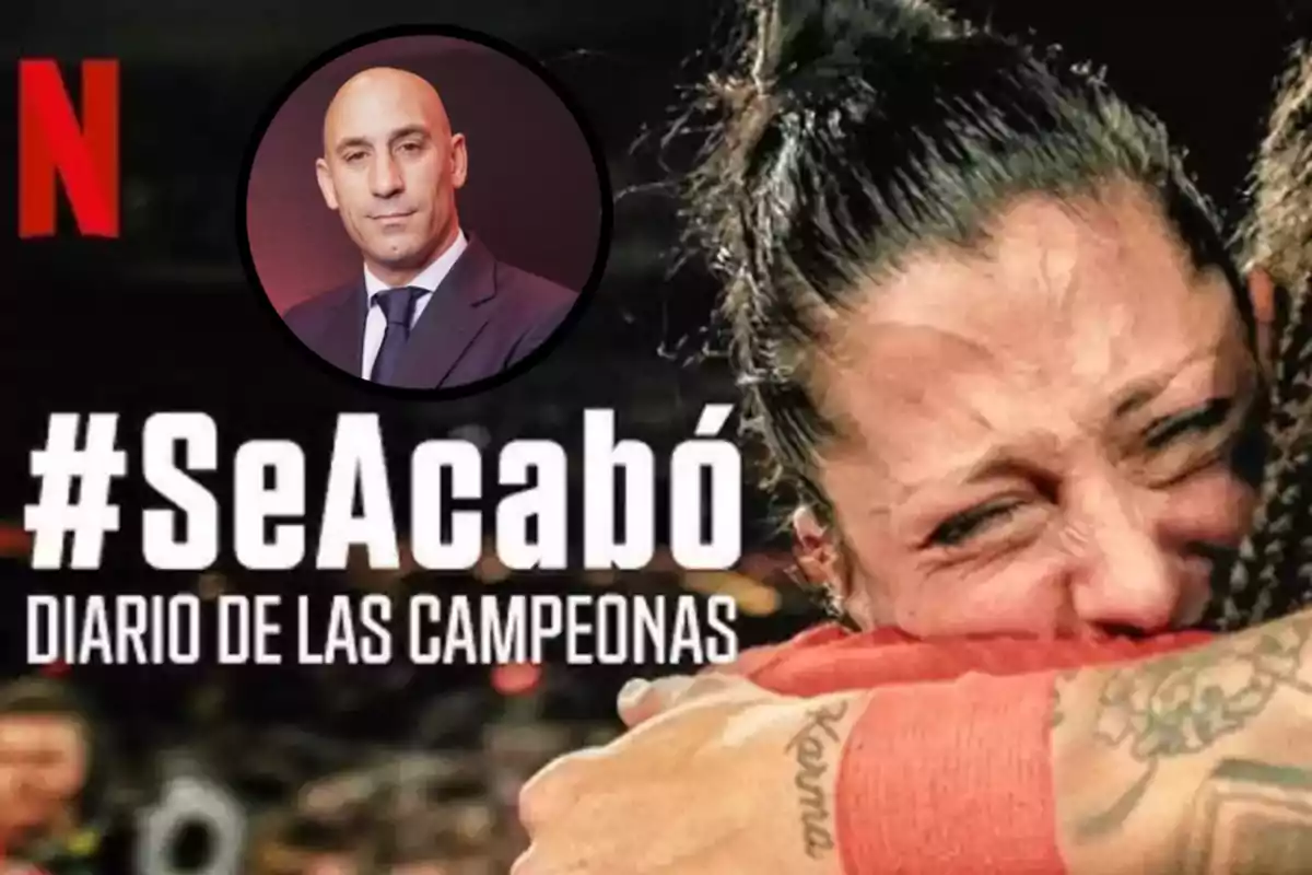 Una mujer llorando mientras abraza a otra persona con el texto "#SeAcabó Diario de las Campeonas" y un círculo con la imagen de un hombre calvo en traje.