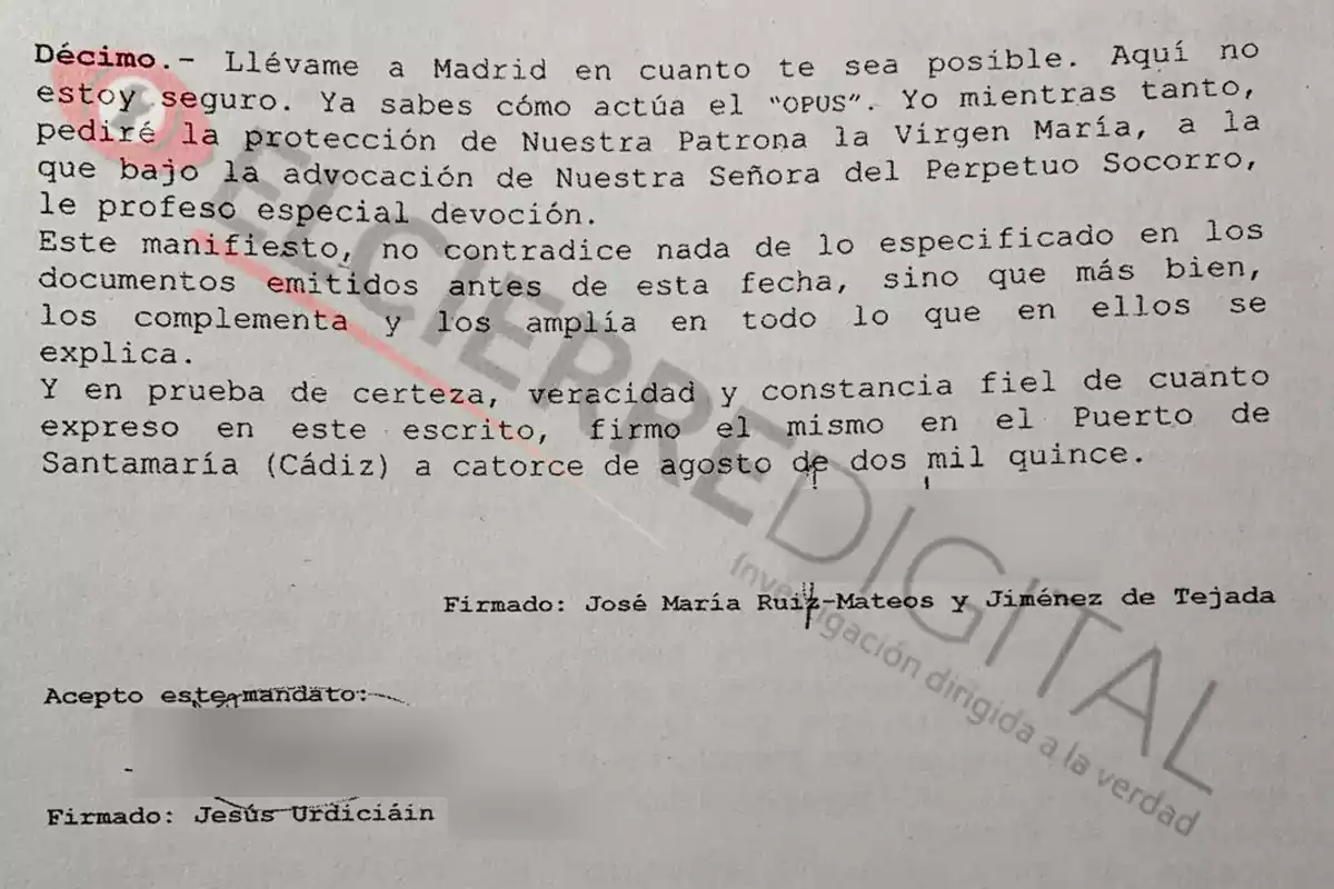 Fragmento de un documento que Ruiz-Mateos dictó y firmó antes de morir en el que le pide a su asesor: 