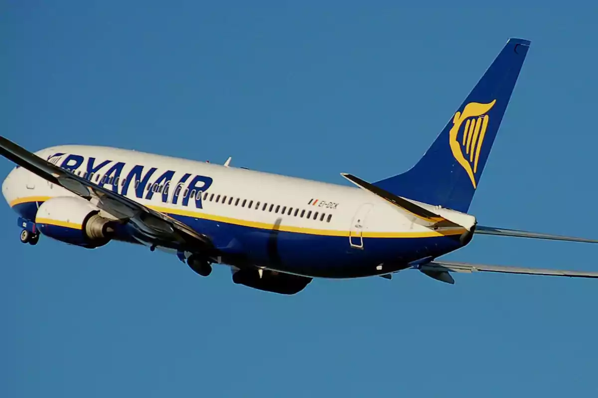 Avión de Ryanair en pleno vuelo con cielo despejado de fondo.