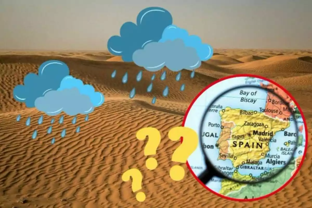 Imagen de un desierto con nubes de lluvia y gotas de agua, junto a un mapa de España con signos de interrogación.