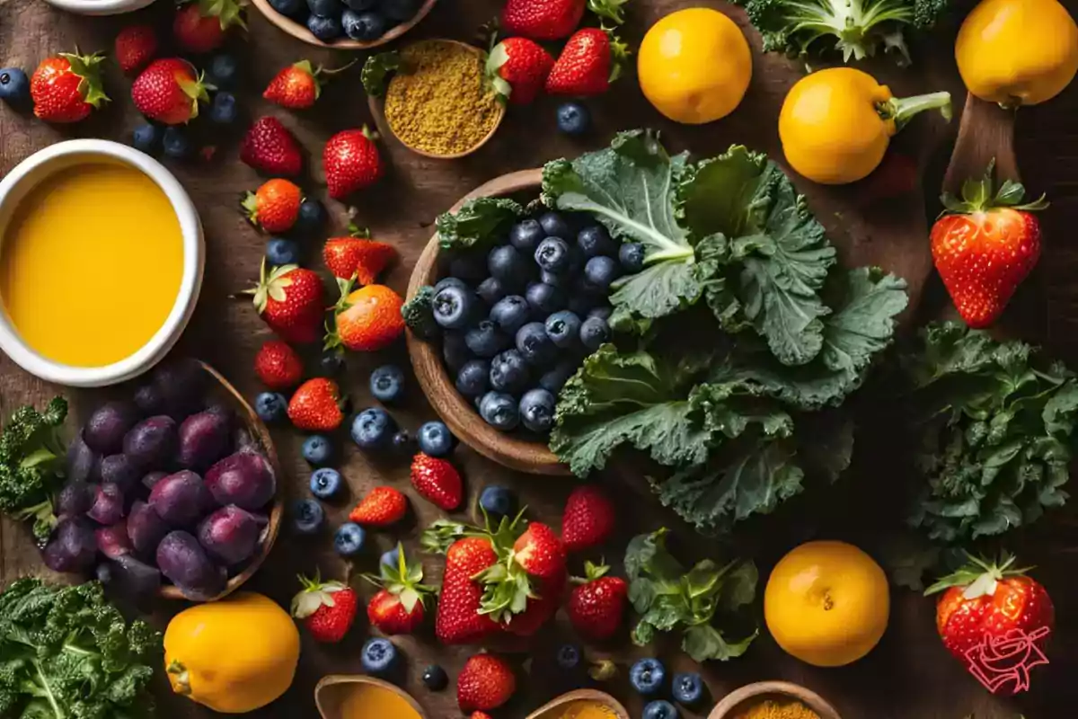 Una variedad de frutas y verduras frescas incluyendo fresas, arándanos, uvas, col rizada, brócoli, pimientos amarillos y un tazón de líquido amarillo sobre una mesa de madera.