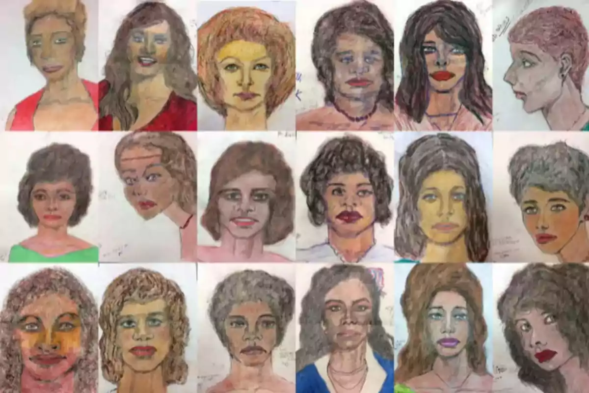 Retratos dibujados a mano de varias mujeres con diferentes estilos de peinado y expresión facial.