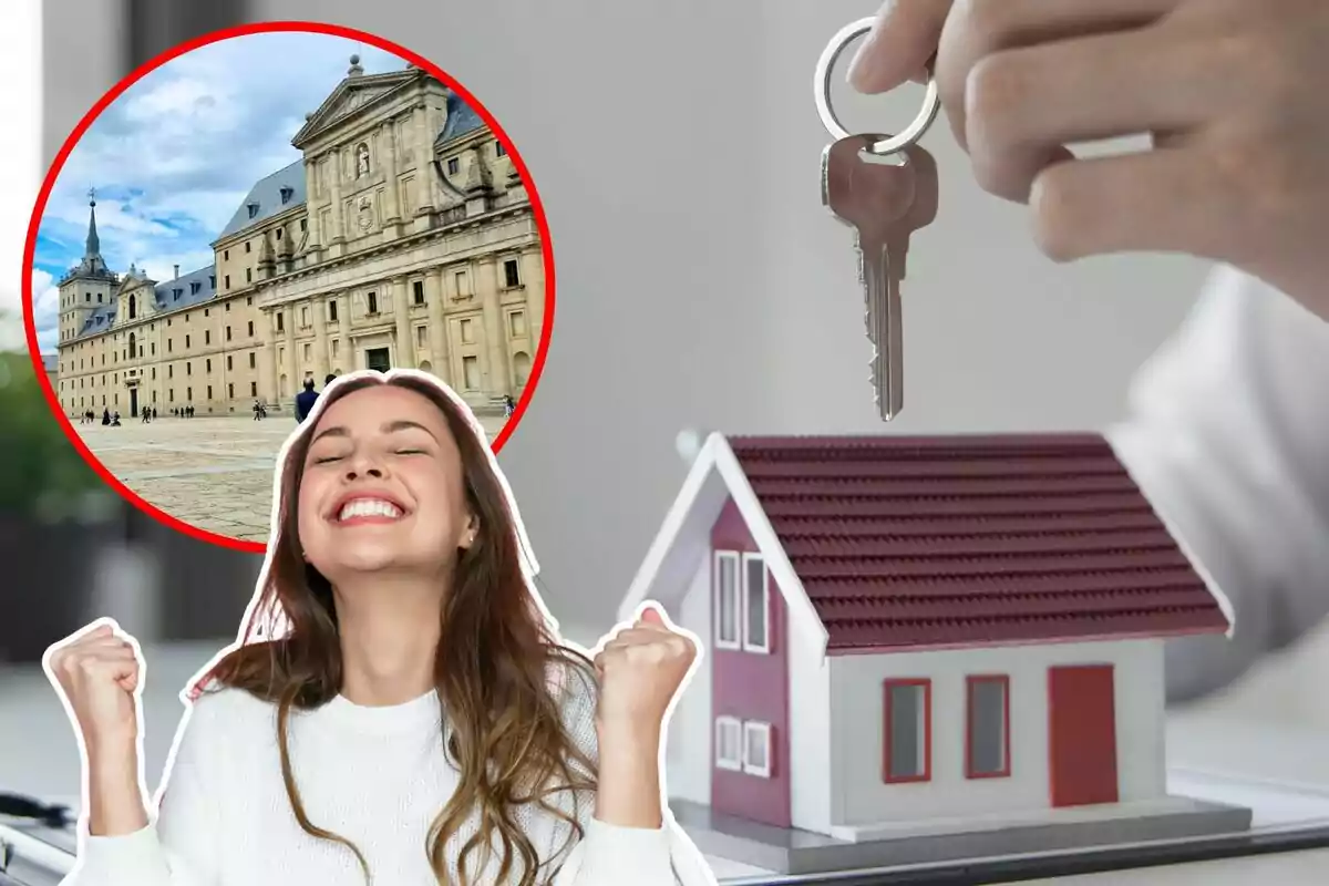 Una mujer sonriente celebra mientras una mano sostiene una llave sobre una maqueta de casa, con una imagen de un edificio histórico en un círculo rojo.