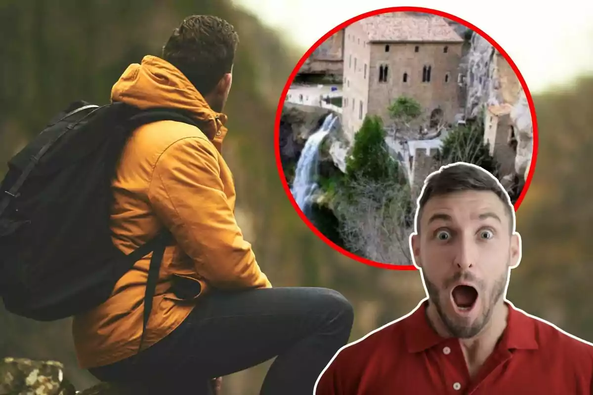 Un hombre con chaqueta amarilla y mochila observa un paisaje mientras otro hombre con expresión de sorpresa aparece en primer plano junto a un círculo que muestra un castillo con una cascada.