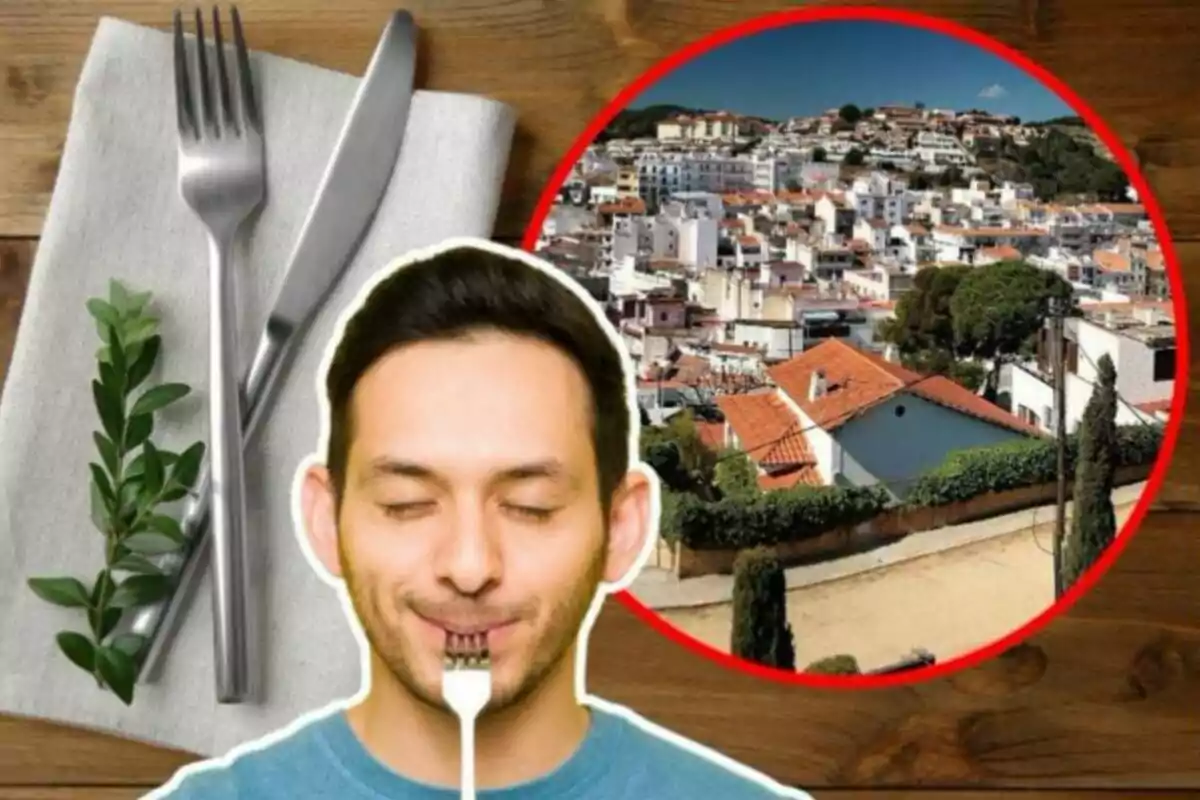 Un hombre con los ojos cerrados sostiene un tenedor en la boca, junto a una imagen circular de una ciudad con casas de techos rojos y un conjunto de cubiertos sobre una servilleta.