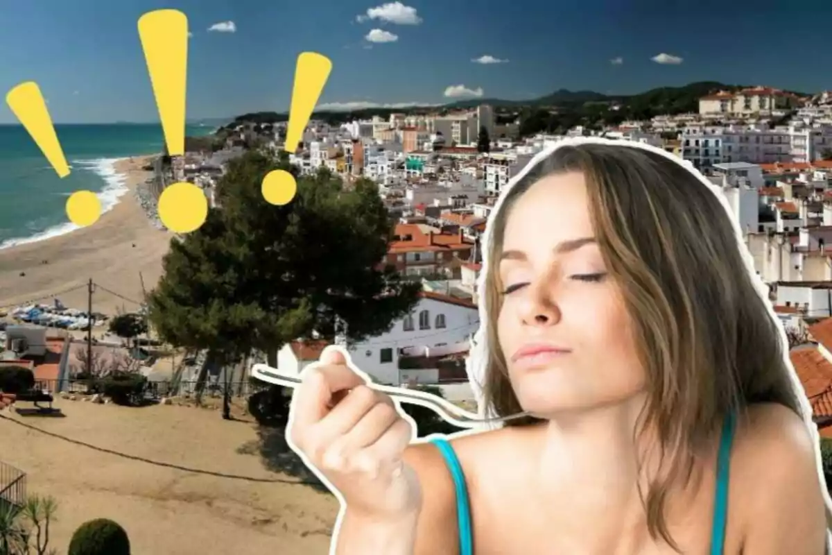 Mujer disfrutando de un paisaje costero con signos de exclamación amarillos sobre la playa y la ciudad.