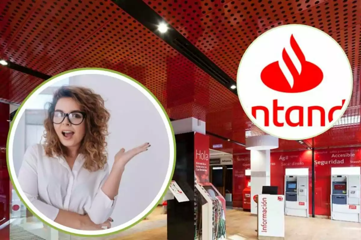 Mujer con gafas y expresión sorprendida en un círculo superpuesto sobre la imagen de un banco con el logo de Santander.