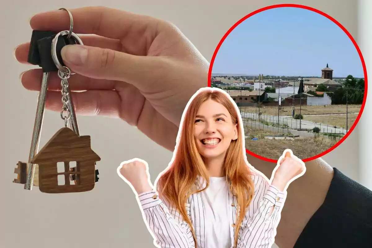 Una mano sostiene un llavero con forma de casa, una mujer sonriente aparece en primer plano y al fondo se ve un paisaje urbano dentro de un círculo rojo.