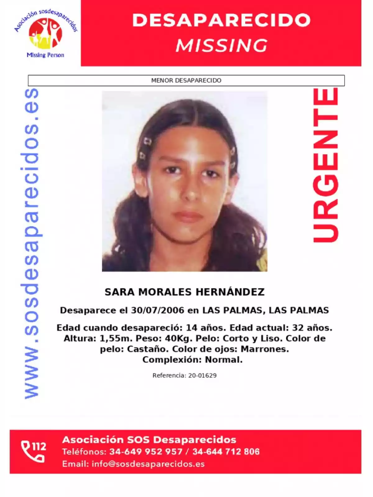 Cartel de persona desaparecida con foto y detalles de Sara Morales Hernández, desaparecida el 30/07/2006 en Las Palmas, Las Palmas; se incluyen características físicas y datos de contacto de la Asociación SOS Desaparecidos.