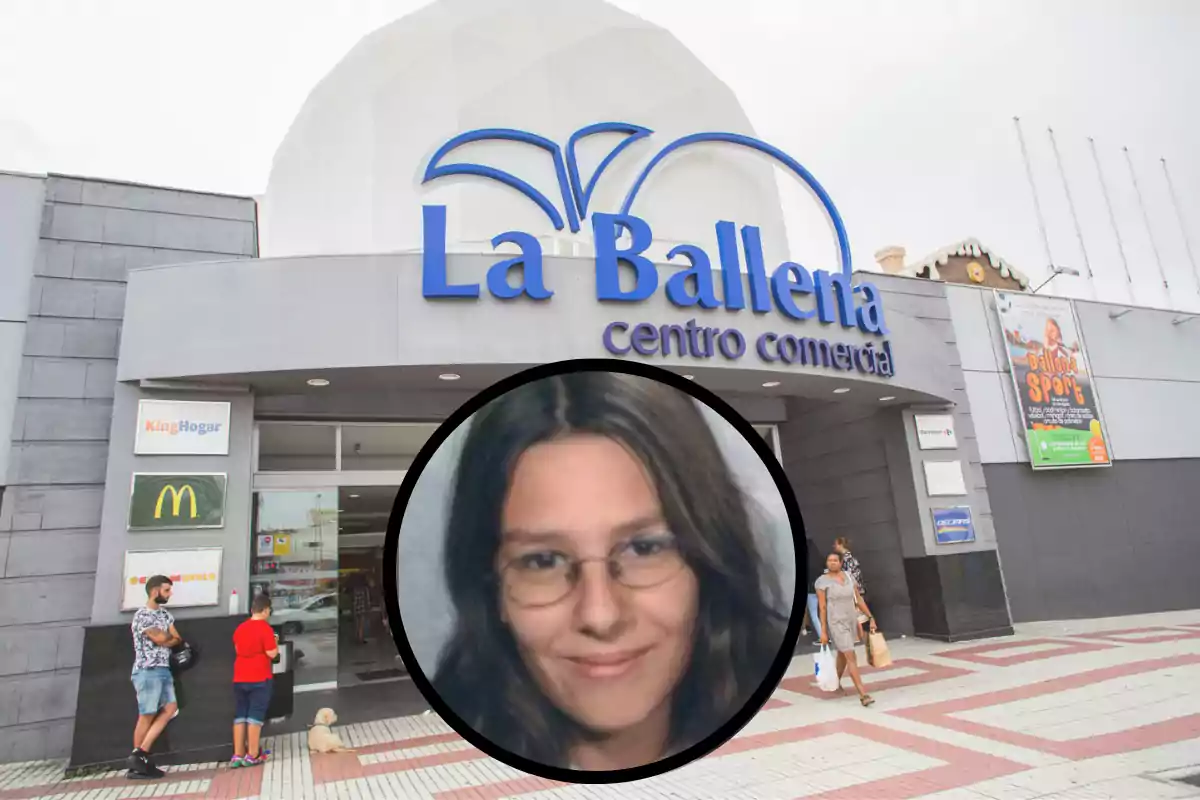 Entrada del centro comercial La Ballena con un retrato en primer plano de una persona en un círculo negro superpuesto.