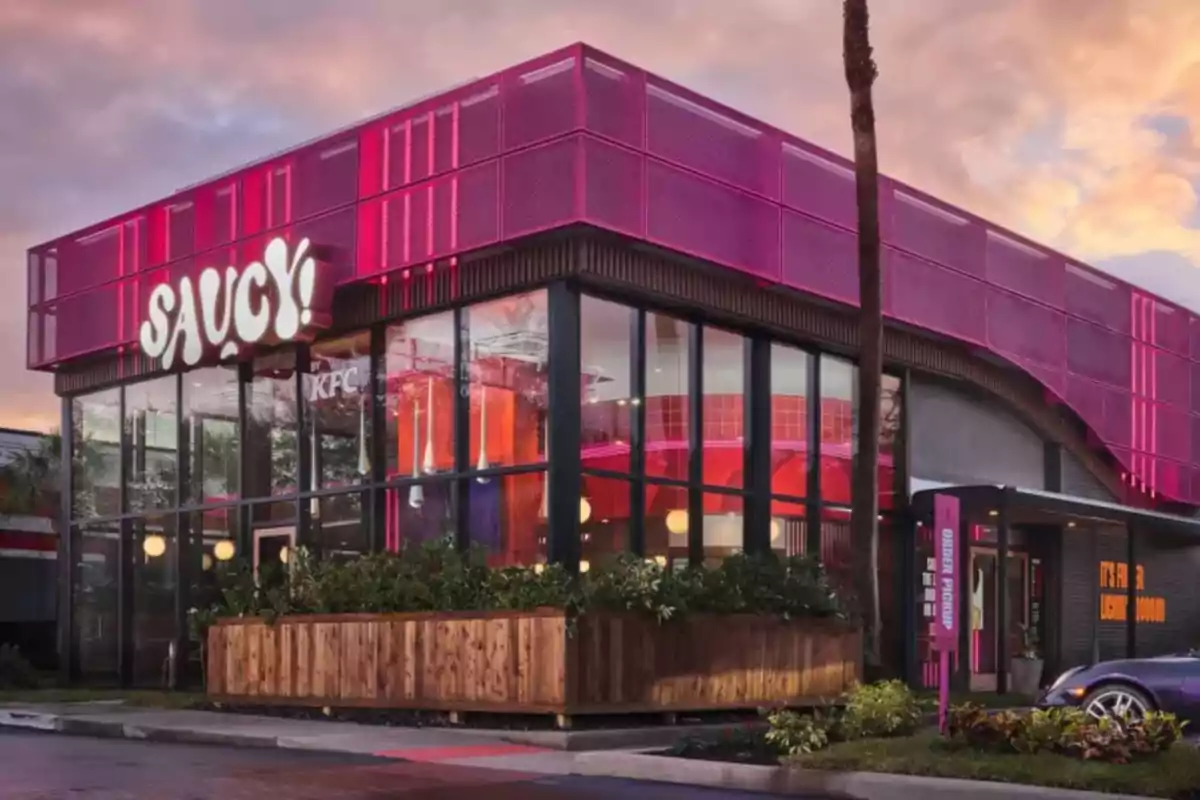 A restaurant with a modern and colorful design, featuring a sign that says A restaurant with a modern and colorful design, featuring a sign that says