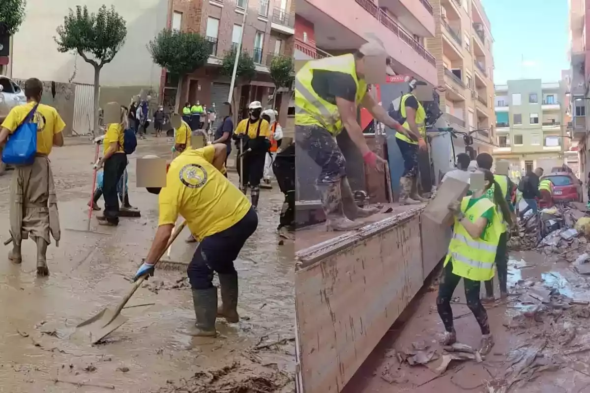 Personas con chalecos y camisetas amarillas colaboran en la limpieza de una calle llena de barro y escombros después de una inundación.