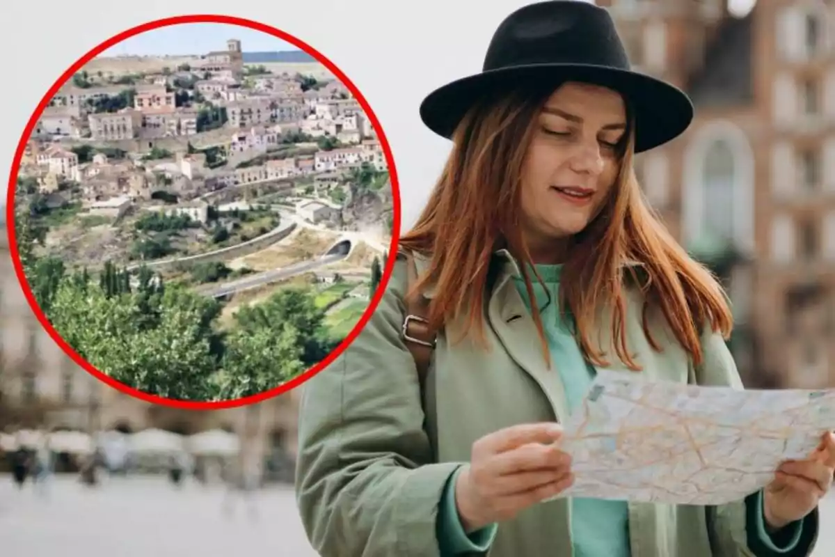 Mujer con sombrero leyendo un mapa en una ciudad con una imagen circular de un pueblo en el fondo.