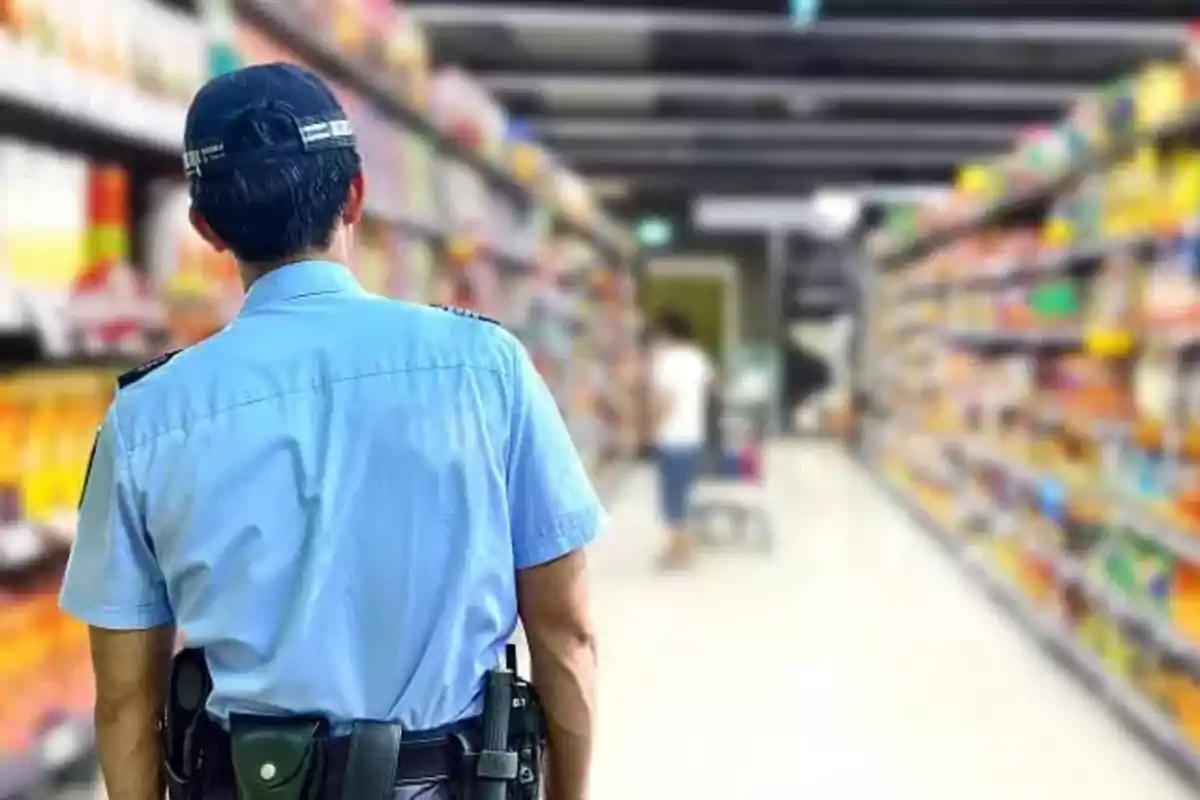 Un guardia de seguridad patrullando un pasillo de supermercado.