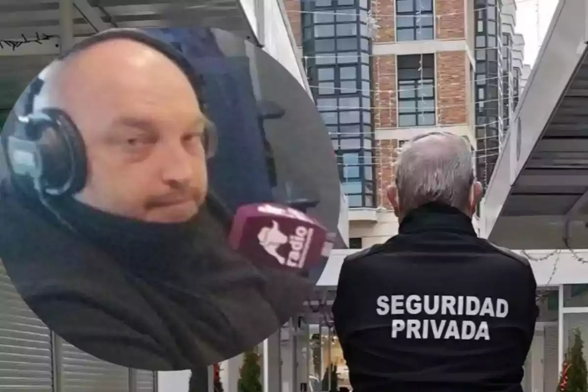 Un hombre con auriculares y un micrófono aparece en un círculo superpuesto a la imagen de un guardia de seguridad privada de espaldas frente a un edificio moderno.