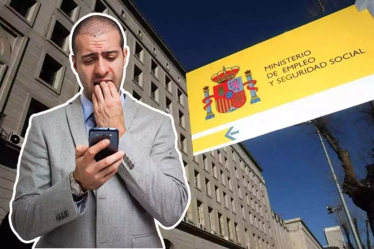 Montaje con una imagen de fondo de un edificio de la Seguridad Social y un hombre asustado