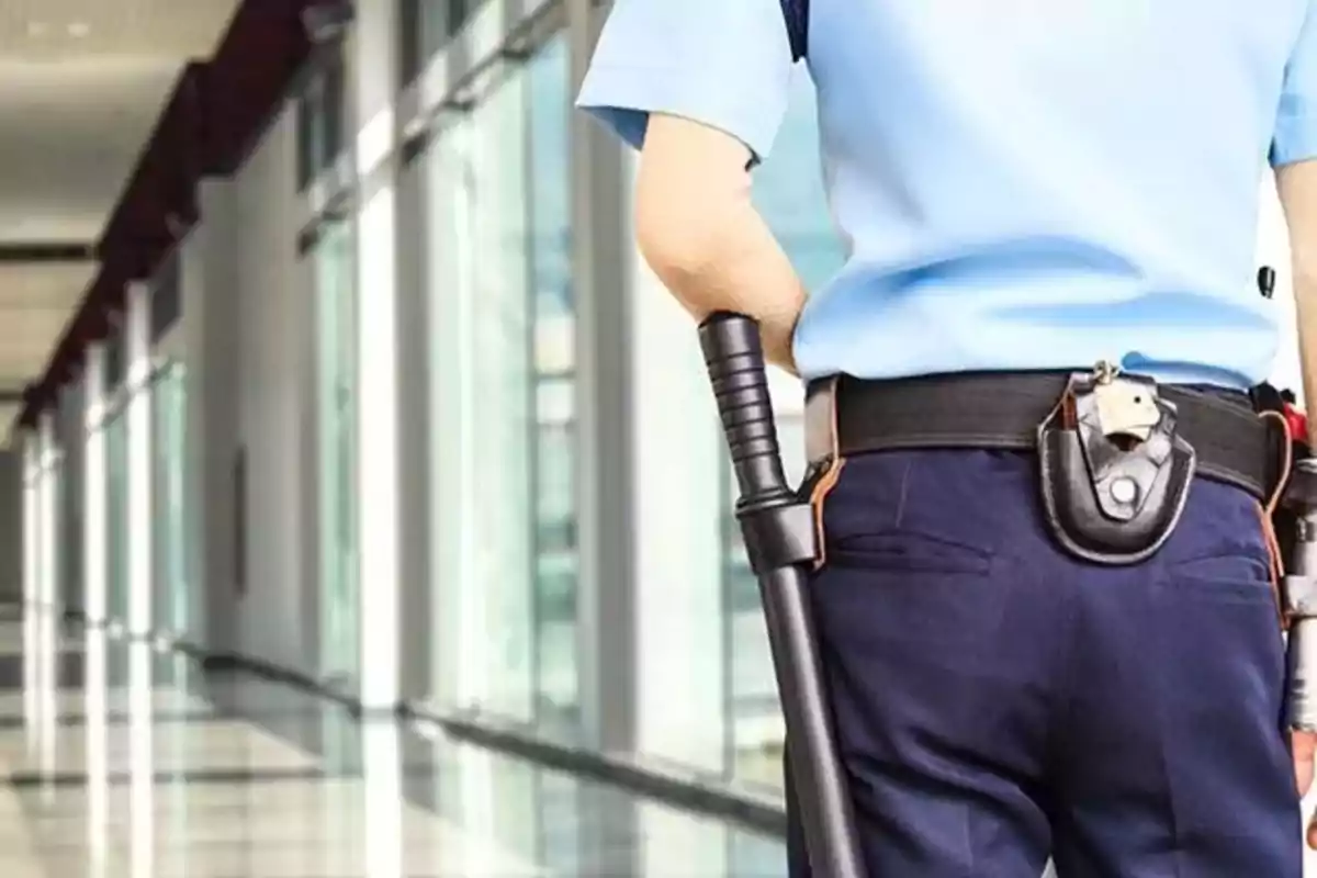 Un guardia de seguridad de espaldas en un pasillo con ventanas grandes y luz natural.