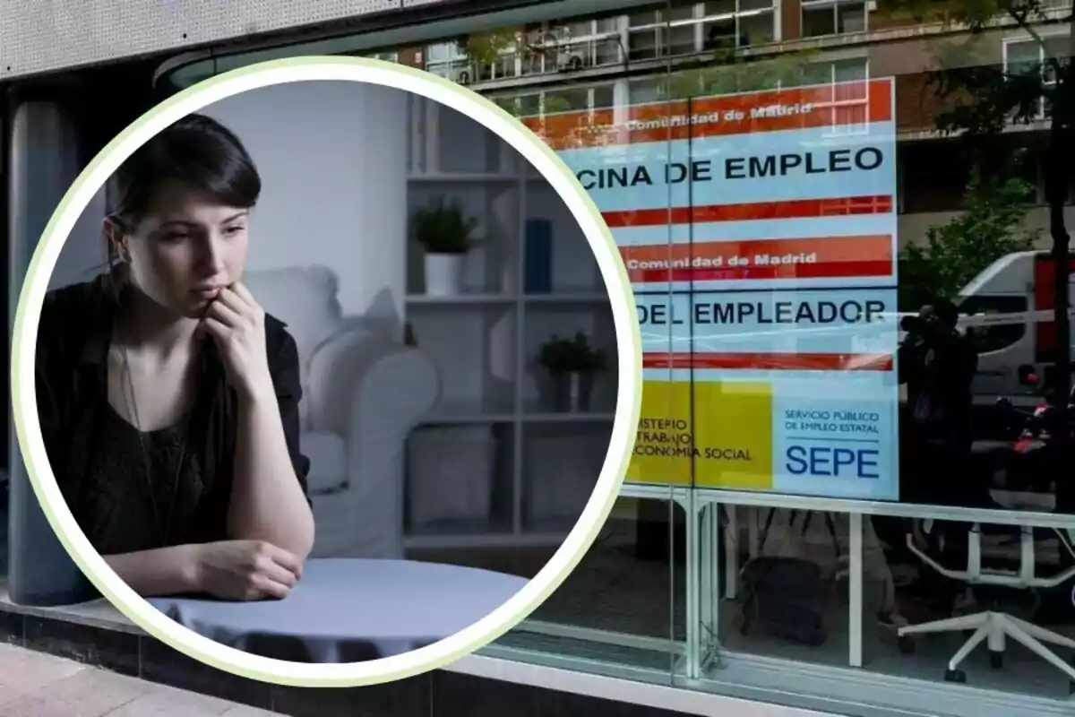 Una mujer pensativa en un entorno doméstico con una oficina de empleo de la Comunidad de Madrid en el fondo.