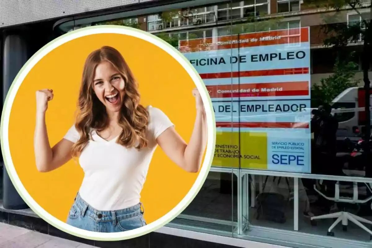 Una mujer sonriente con los brazos levantados en señal de victoria sobre un fondo amarillo, superpuesta a una imagen de una oficina de empleo en Madrid.