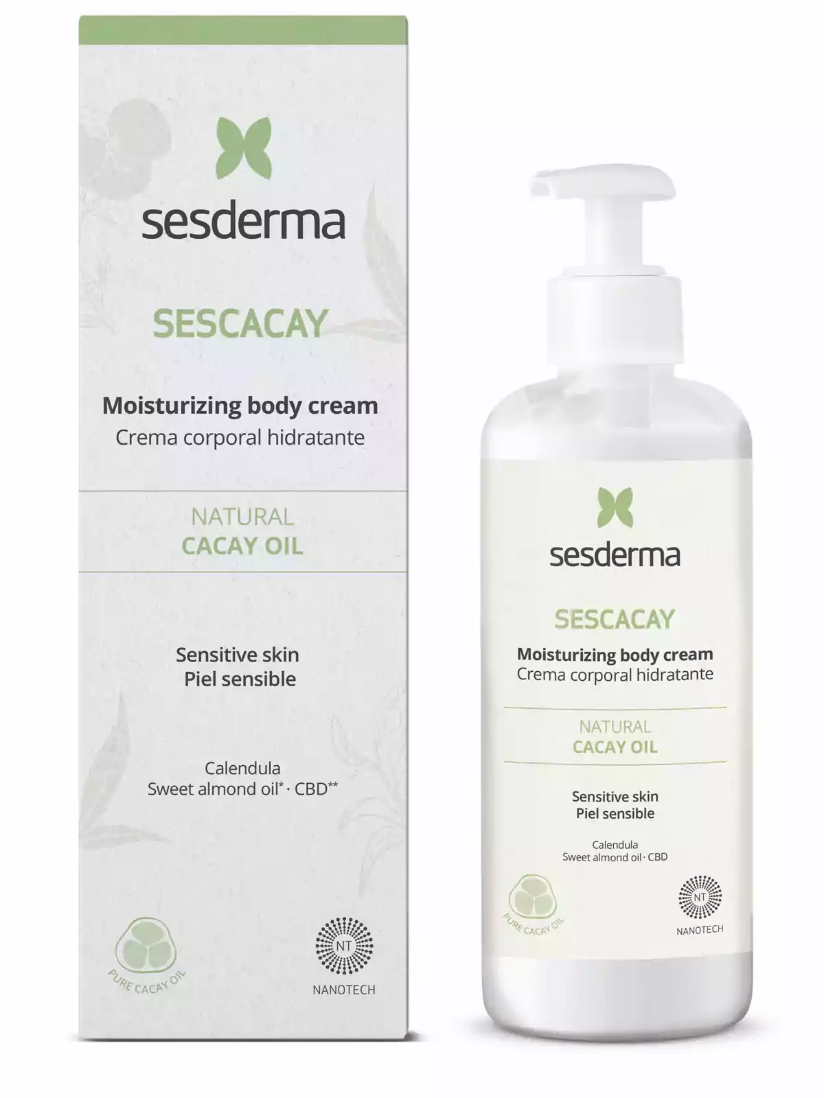 Crema corporal hidratante Sesderma Sescacay para piel sensible con aceite natural de cacay, caléndula, aceite de almendras dulces y CBD, presentada en caja y envase con dispensador Crema corporal hidratante Sesderma Sescacay para piel sensible con aceite natural de cacay, caléndula, aceite de almendras dulces y CBD, presentada en caja y envase con dispensador