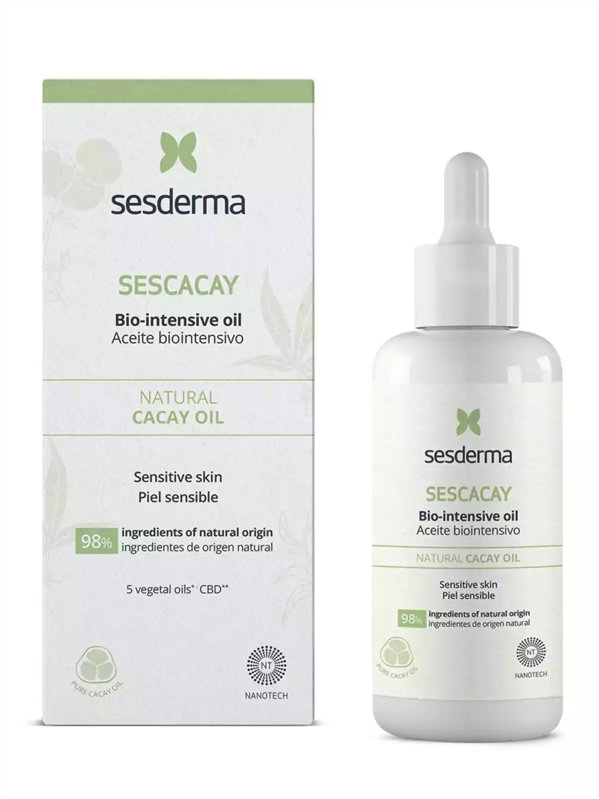 Envase y caja de aceite biointensivo Sesderma Sescacay para piel sensible con ingredientes de origen natural Envase y caja de aceite biointensivo Sesderma Sescacay para piel sensible con ingredientes de origen natural