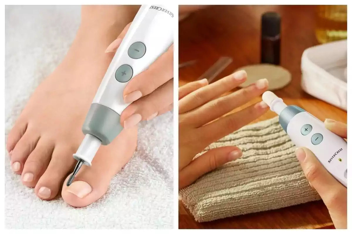 Persona usando un dispositivo eléctrico para el cuidado de uñas en los pies y las manos de Lidl. Persona usando un dispositivo eléctrico para el cuidado de uñas en los pies y las manos de Lidl.