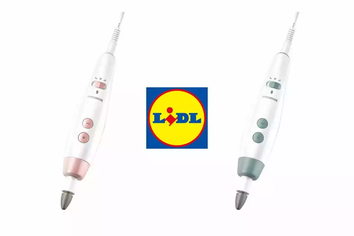 Dos limas eléctricas blancas con detalles en rosa y verde junto al logotipo de Lidl en el centro. Dos limas eléctricas blancas con detalles en rosa y verde junto al logotipo de Lidl en el centro.