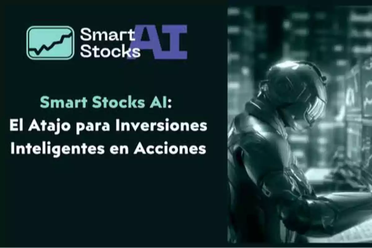 Imagen de un anuncio de "Smart Stocks AI" con el lema "El Atajo para Inversiones Inteligentes en Acciones" junto a una figura futurista trabajando en una computadora.