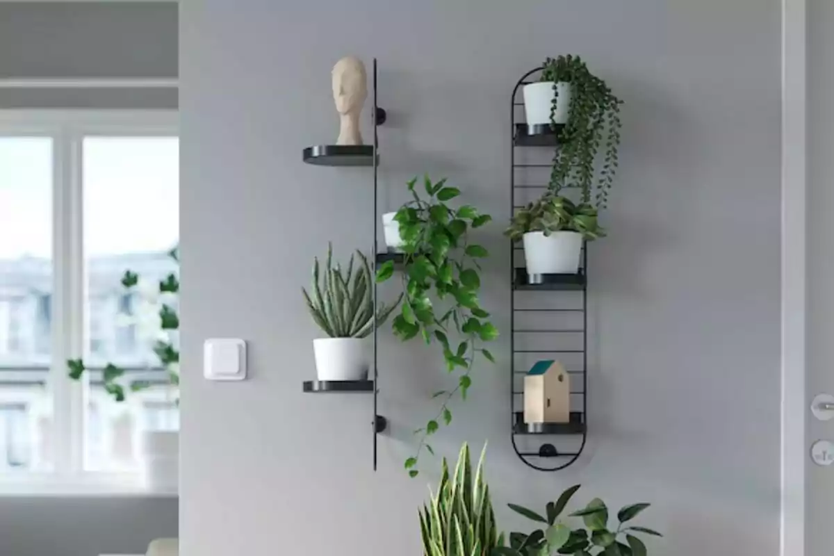 Estantes de pared de Ikea con plantas en macetas y una figura decorativa en una habitación iluminada.