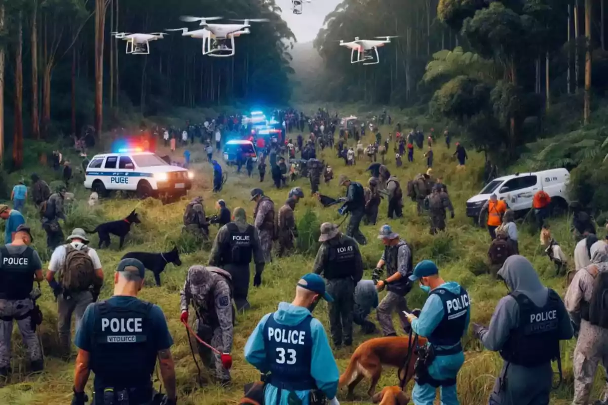 Un grupo numeroso de personas, incluyendo policías y equipos de búsqueda, se encuentra en un bosque realizando una operación de búsqueda con perros y drones, mientras varios vehículos policiales están estacionados con luces encendidas. Un grupo numeroso de personas, incluyendo policías y equipos de búsqueda, se encuentra en un bosque realizando una operación de búsqueda con perros y drones, mientras varios vehículos policiales están estacionados con luces encendidas.