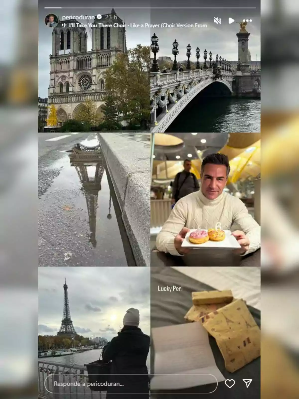 Un collage de fotos muestra una catedral gótica, un puente sobre un río, un reflejo en un charco, Lara Álvarez con gorro mirando la Torre Eiffel, Perico Durán sosteniendo un plato con donas y unos regalos envueltos.