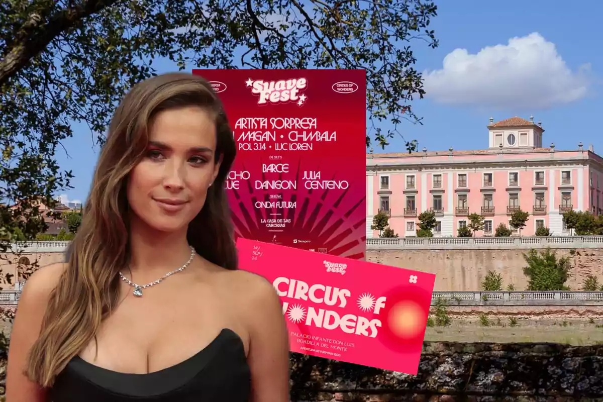 Mujer posando frente a un cartel de un festival llamado "Suave Fest" con varios artistas y DJs, con un edificio histórico de fondo.