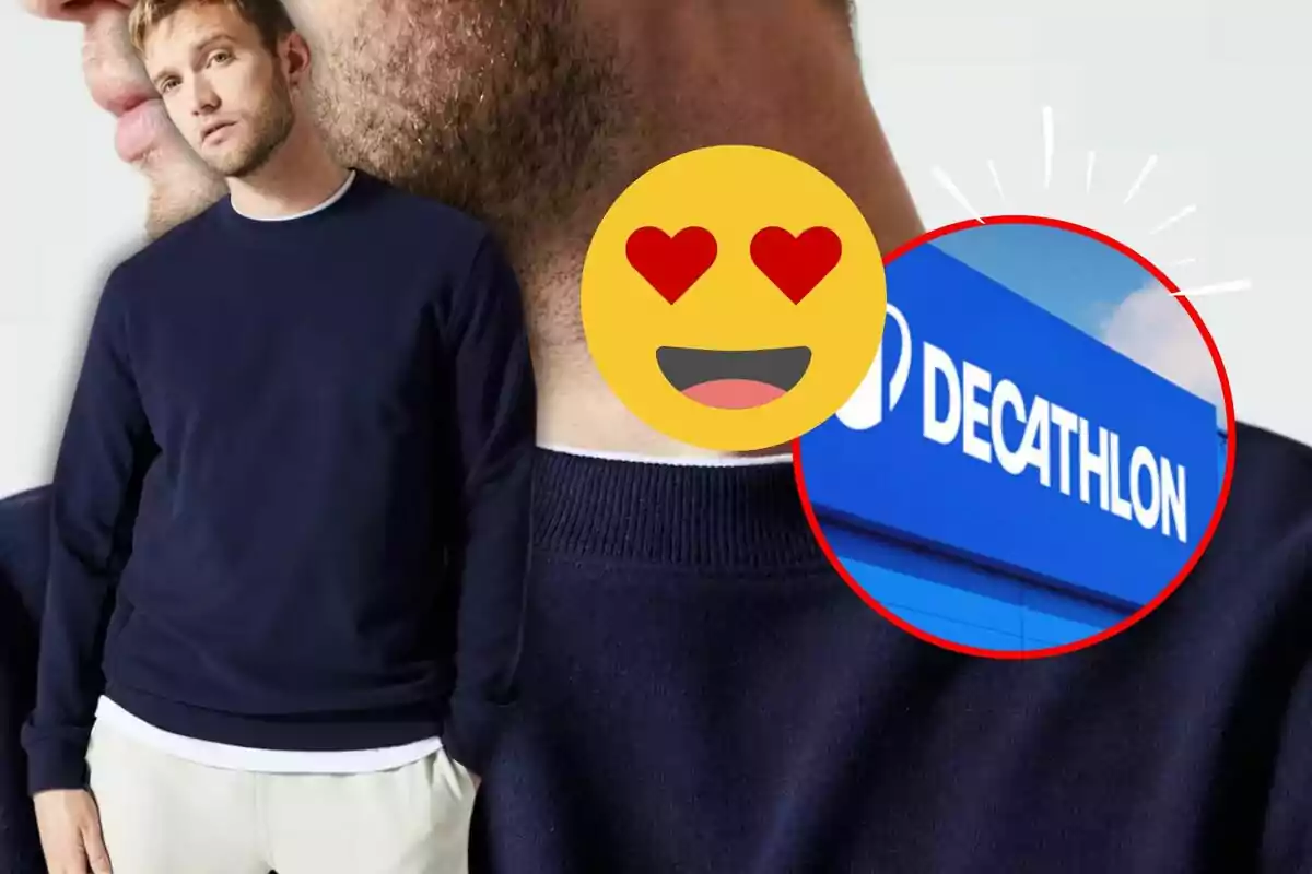 Hombre con suéter azul oscuro y fondo de tienda Decathlon con emoji sonriente.