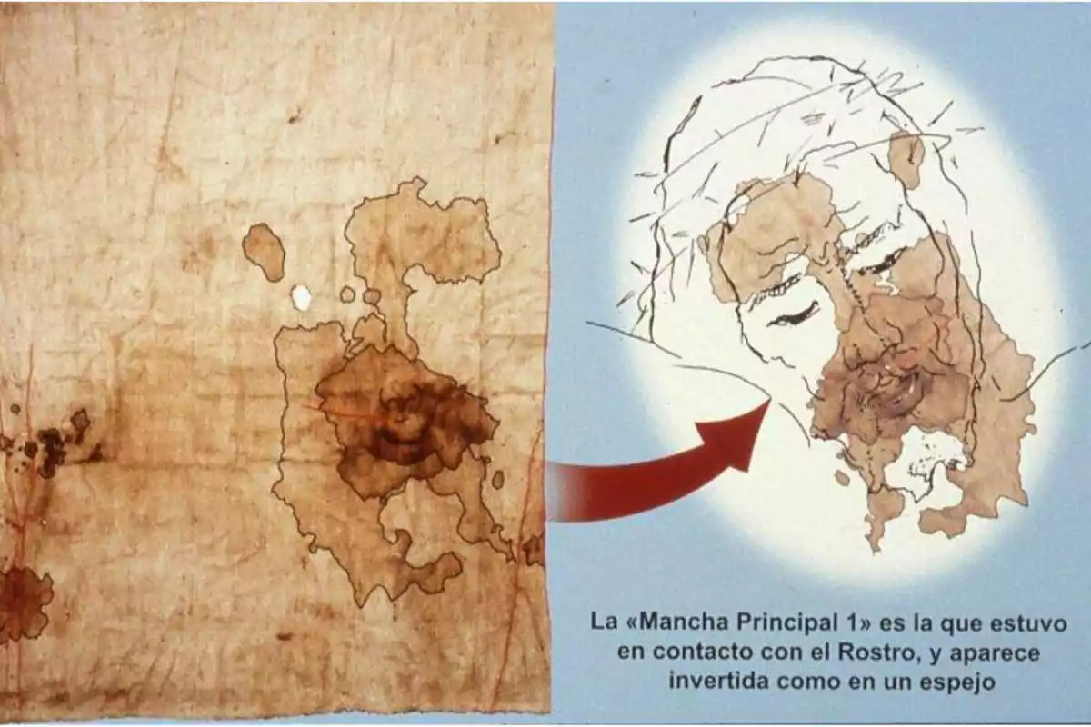 Imagen de una tela con manchas marrones a la izquierda y un dibujo a la derecha que muestra cómo las manchas podrían formar un rostro humano, con un texto explicativo en la parte inferior.