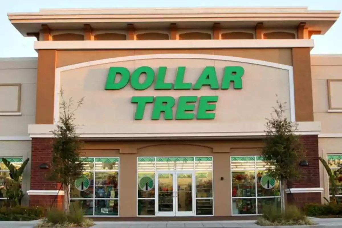 Fachada de una tienda Dollar Tree con letrero verde y entrada principal rodeada de ventanas. Fachada de una tienda Dollar Tree con letrero verde y entrada principal rodeada de ventanas.