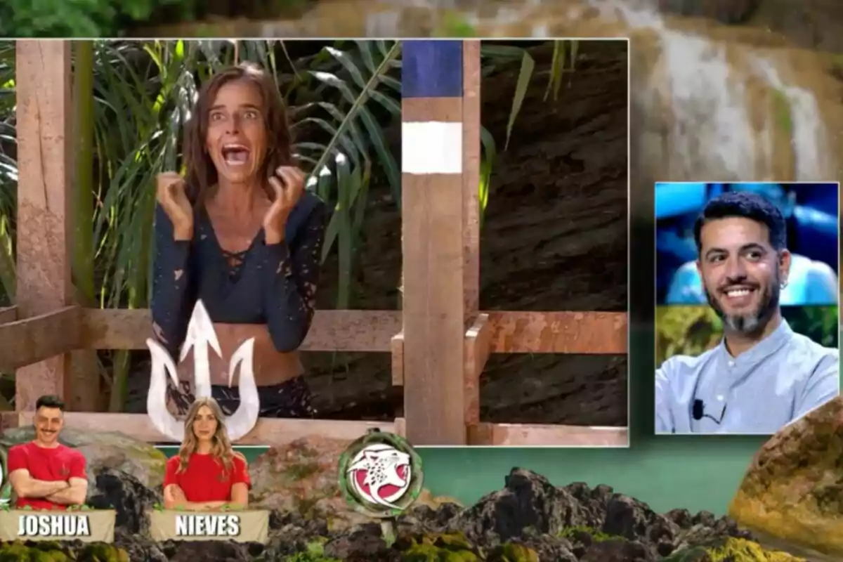 Carmen Alcayde muestra una expresión de sorpresa y emoción en un entorno natural, mientras en un recuadro a la derecha se ve a Charli sonriendo; en la parte inferior, aparecen dos personas con nombres debajo de ellos. Captura de 'Supervivientes' Carmen Alcayde muestra una expresión de sorpresa y emoción en un entorno natural, mientras en un recuadro a la derecha se ve a Charli sonriendo; en la parte inferior, aparecen dos personas con nombres debajo de ellos. Captura de 'Supervivientes'
