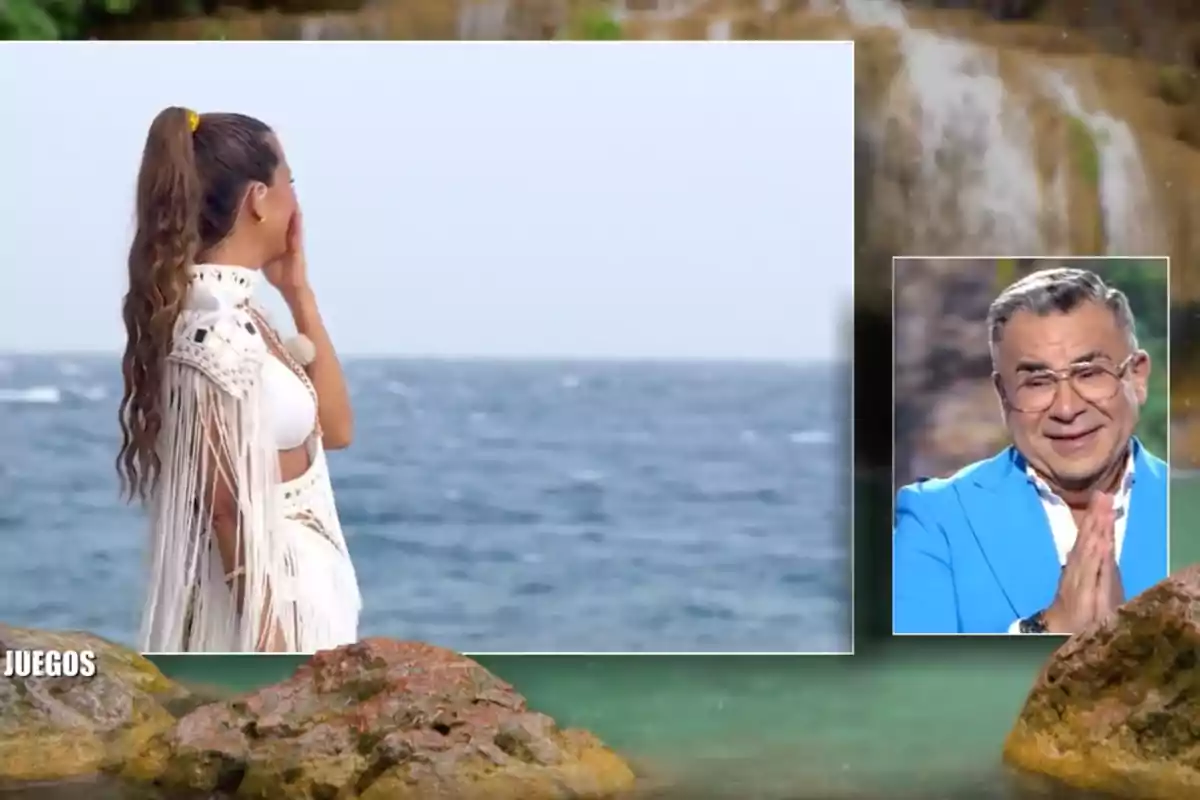 Laura Madrueño con cabello recogido mira hacia el mar mientras Jorge Javier Vázquez con chaqueta azul aparece en una pequeña caja a la derecha, mostrando una expresión emotiva. Captura de 'Supervivientes' Laura Madrueño con cabello recogido mira hacia el mar mientras Jorge Javier Vázquez con chaqueta azul aparece en una pequeña caja a la derecha, mostrando una expresión emotiva. Captura de 'Supervivientes'