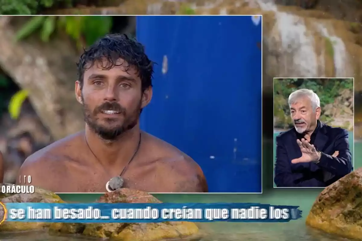 Manuel González con cabello mojado aparece en un entorno natural, mientras que en un recuadro pequeño a la derecha, Carlos Sobera gesticula con las manos. En la parte inferior de la imagen, hay un texto parcialmente visible. Captura de 'Supervivientes' Manuel González con cabello mojado aparece en un entorno natural, mientras que en un recuadro pequeño a la derecha, Carlos Sobera gesticula con las manos. En la parte inferior de la imagen, hay un texto parcialmente visible. Captura de 'Supervivientes'