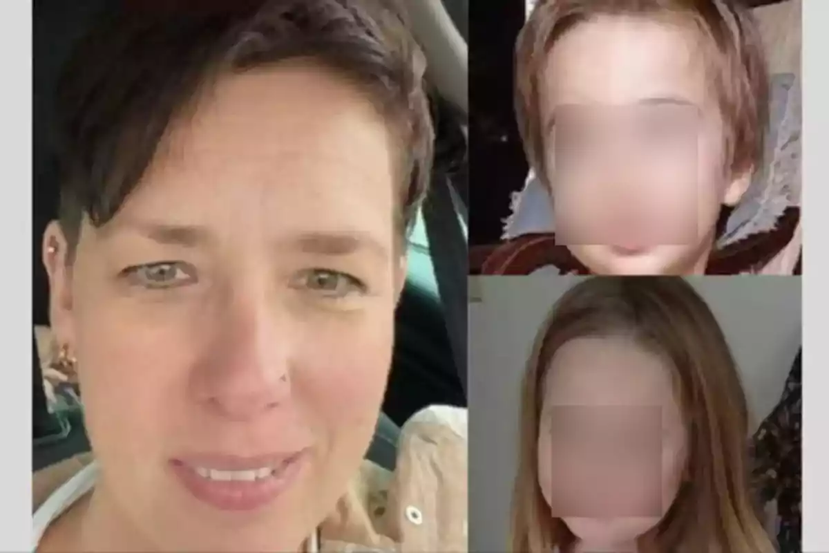 Una mujer con cabello corto y dos niños con los rostros difuminados.