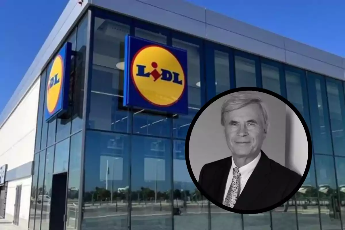 Edificio de una tienda Lidl con un retrato en blanco y negro de un hombre en un círculo superpuesto. Edificio de una tienda Lidl con un retrato en blanco y negro de un hombre en un círculo superpuesto.