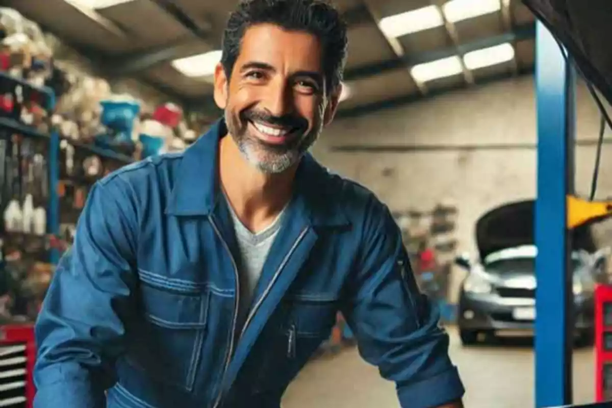 Hombre sonriente con barba y cabello oscuro en un taller mecánico, vistiendo un overol azul.