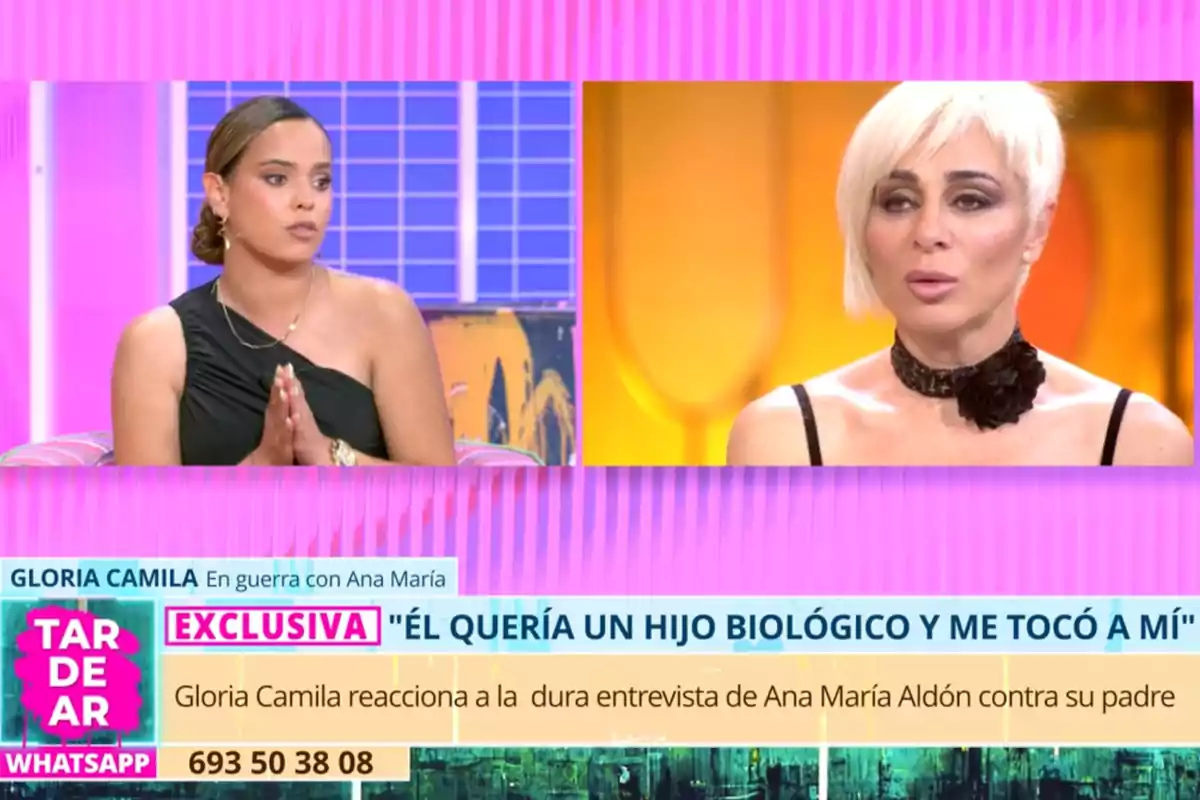 Gloria Camila y Ana María Aldón en un programa de televisión discuten sobre una entrevista reciente, con un fondo colorido y un texto que destaca una declaración exclusiva. Captura de 'TardeAR' Gloria Camila y Ana María Aldón en un programa de televisión discuten sobre una entrevista reciente, con un fondo colorido y un texto que destaca una declaración exclusiva. Captura de 'TardeAR'