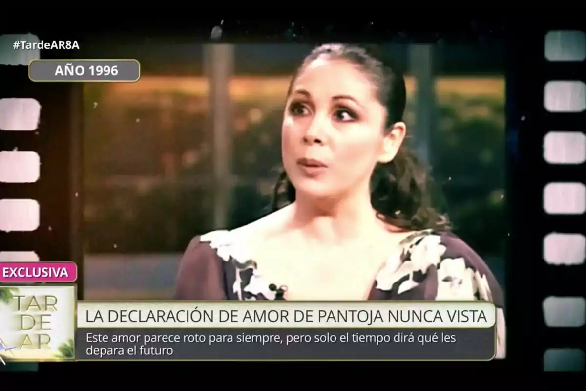 Isabel Pantoja con expresión seria aparece en una entrevista televisiva con el texto 